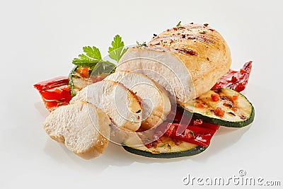 Freshly sliced cooked chicken with salad Stock Photo