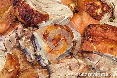 Freshly Spit Roasted Gourmet Tender Pork Meat Slices Detail Stock Photo