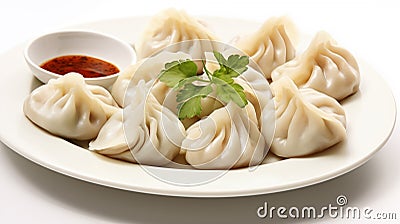 Freshly steamed momos with dip Stock Photo