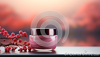 Freshness and beauty in nature moisturizer bottle reflects pink generated by AI Stock Photo