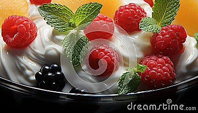 Freshness in a bowl raspberry, mint leaf, and yogurt generated by AI Stock Photo