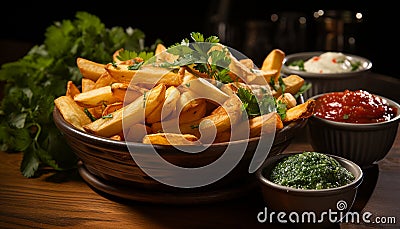 Freshness and crunchiness of gourmet French fries on wooden table generated by AI Stock Photo