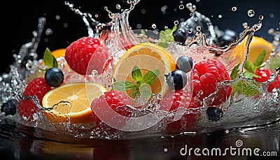 Freshness of fruit, wet drops, lemon, raspberry, splashing liquid, refreshing drink generated by AI Stock Photo