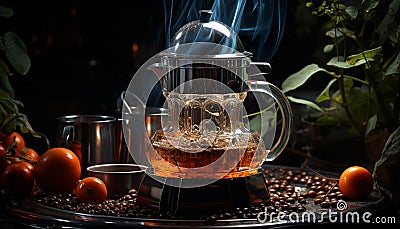 Freshness in a glass, coffee heat on wood table generated by AI Stock Photo