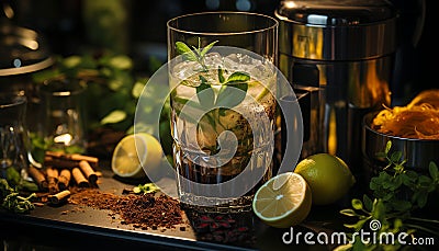 Freshness in a glass Mojito, citrus, mint, ice, and lemonade generated by AI Stock Photo