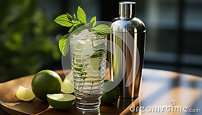 Freshness in a glass Mojito cocktail with lime and mint generated by AI Stock Photo