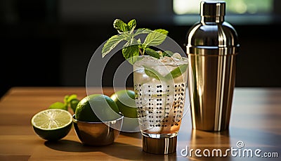 Freshness in a glass Mojito cocktail with lime and mint generated by AI Stock Photo