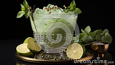 Freshness in a glass Mojito cocktail with lime, mint, and ice generated by AI Stock Photo