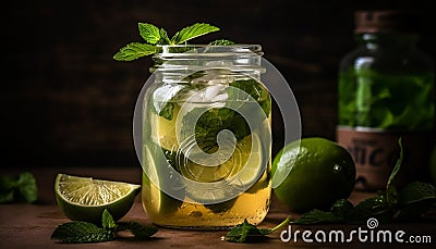 Freshness in a glass Mojito cocktail with lime, mint leaf generated by AI Stock Photo