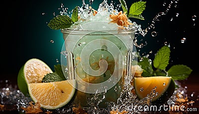 Freshness in a glass Mojito cocktail with mint and lime generated by AI Stock Photo
