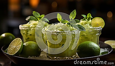 Freshness in a glass Mojito, lemon, mint leaf, ice, citrus generated by AI Stock Photo