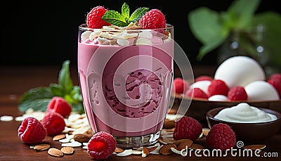 Freshness in a glass Raspberry yogurt milkshake with mint leaf generated by AI Stock Photo