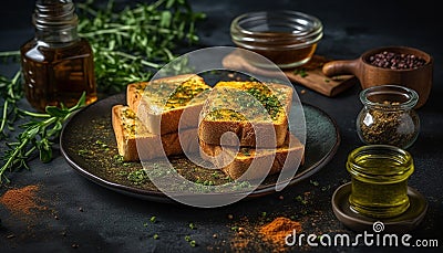 Freshness, gourmet bread baked on rustic wood table, homemade and organic snack generated by AI Stock Photo