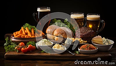 Freshness grilled meat, gourmet pub food, beer, and French fries generated by AI Stock Photo
