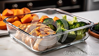 Freshness and healthy eating grilled broccoli, carrot, and white meat generated by AI Stock Photo