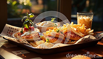 Freshness and heat on a grilled meat plate generated by AI Stock Photo
