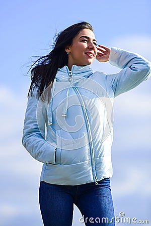 Freshness of morning. Explore your true style. Beauty and fashion look. Girl spring jacket blue sky background. Woman Stock Photo