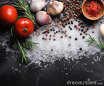 Freshness of nature bounty garlic, tomato, cooking, vegetable, herb, organic, seasoning, pepper, dill generated by AI Stock Photo