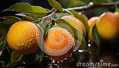 Freshness of nature, green leaf, citrus fruit, wet organic growth generated by AI Stock Photo