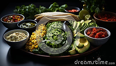 Freshness on a plate Avocado salad, guacamole, gourmet meat, vegetarian variation generated by AI Stock Photo