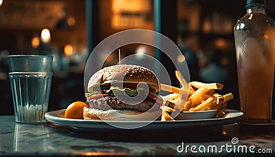 Freshness on a plate gourmet burger, grilled meat, and fries generated by AI Stock Photo