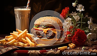 Freshness on a plate gourmet burger, grilled meat, rustic sandwich generated by AI Stock Photo