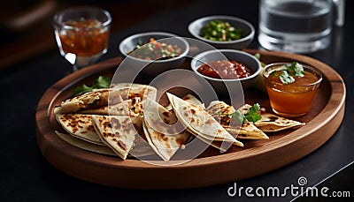 Freshness on a plate taco, meat, guacamole, tortilla, sauce, spice, cilantro generated by AI Stock Photo