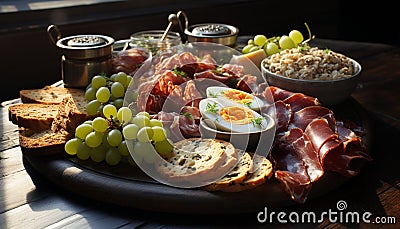 Freshness on a rustic plate meat, bread, fruit, and wine generated by AI Stock Photo