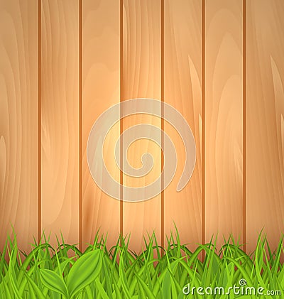 Freshness spring green grass and wooden wall Vector Illustration