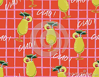 Freshness Summer cocktail on grid line Seamless pattern vector Illustration Vector Illustration