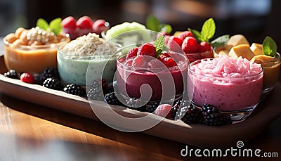Freshness and sweetness in a bowl of berry fruit parfait generated by AI Stock Photo