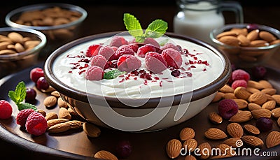 Freshness and sweetness in a bowl of homemade raspberry parfait generated by AI Stock Photo