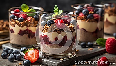 Freshness and sweetness in a homemade berry yogurt parfait dessert generated by AI Stock Photo