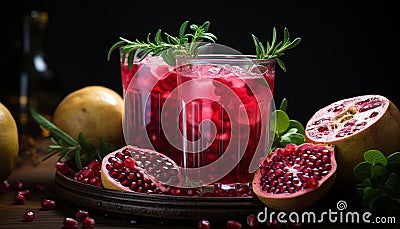 Freshness and sweetness in a juicy pomegranate slice on wood generated by AI Stock Photo