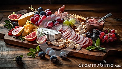 Freshness and variety on rustic wood table fruit, meat, cheese generated by AI Stock Photo
