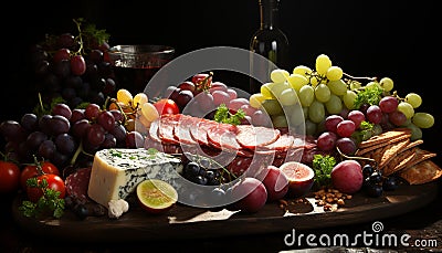 Freshness and variety on a rustic wood table fruit, meat, cheese, wine generated by AI Stock Photo