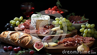 Freshness on a wood table grape, fruit, meat, bread, appetizer generated by AI Stock Photo