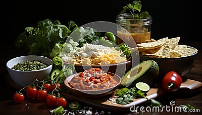 Freshness on a wooden table healthy salad, gourmet avocado dip generated by AI Stock Photo