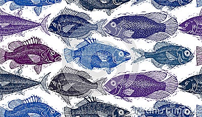 Freshwater vector fish endless pattern, art nature and marine th Vector Illustration