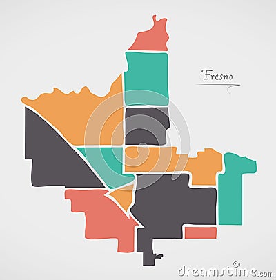 Fresno California Map with neighborhoods and modern round shapes Vector Illustration