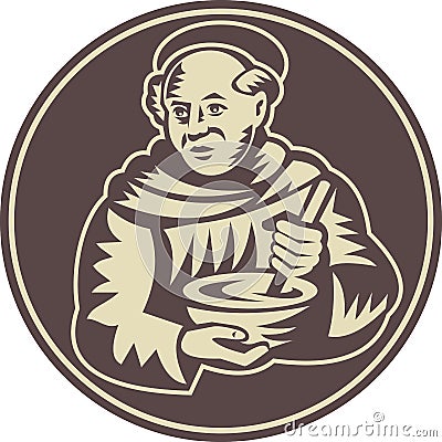 Friar Monk Cook Mixing Bowl Woodcut Vector Illustration