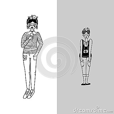 Frida Kahlo full-length portrait in casual outfit, mexican woman with a traditional hairstyle with rose flowers wreath Vector Illustration