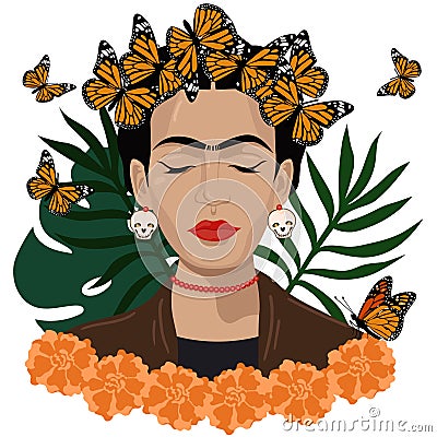 Frida Kahlo mexican style vector portrait. Editorial License Editorial Stock Photo