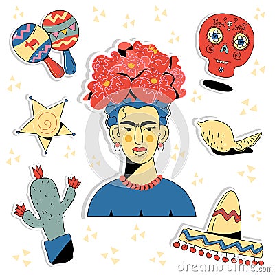 Frida Kahlo Mexican themed stickers. Set of vector stickers cactus, star, sombrero, maracas, lemon, calaca Vector Illustration