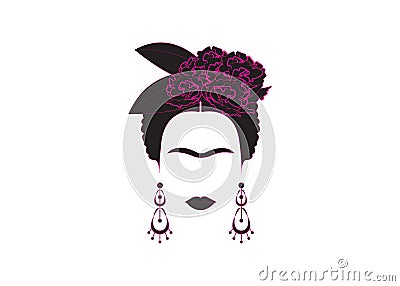 Frida Kahlo minimalist portrait with earrings and flowers Vector Illustration