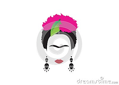 Frida Kahlo minimalist portrait with earrings, flowers and skulls Vector Illustration