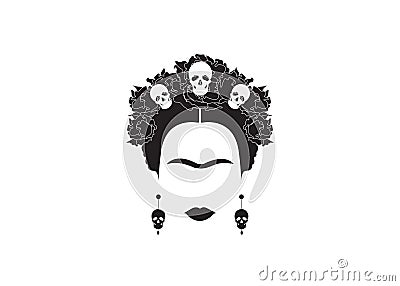 Frida Kahlo minimalist portrait with earrings and roses Vector Illustration