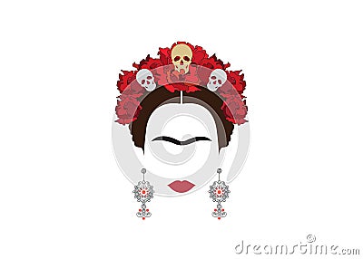 Frida Kahlo minimalist portrait with earrings and roses Vector Illustration