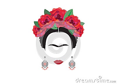 Frida Kahlo minimalist portrait with earrings and roses Vector Illustration