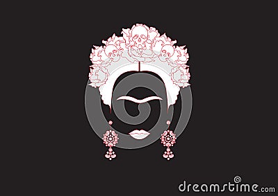 Frida Kahlo minimalist portrait with earrings, roses and skulls Vector Illustration